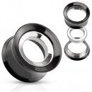 Double Flare Flesh Tunnel - Stahl - Schwarz Silber - Gewinde